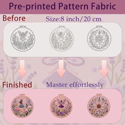 Vereela 3 Pack Fairy & Flower Embroidery Kit for Beginners - DIY Cross Stitch Starter Set with Hoop, Threads, Needles, Scissors & Instructions - Art Craft Gift for Adults & Teens - color: Fairy