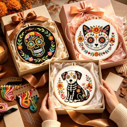 Nuberlic 3 Pack Sugar Skull Embroidery Kit for Beginners, Day of the Dead - color: Day of the Dead