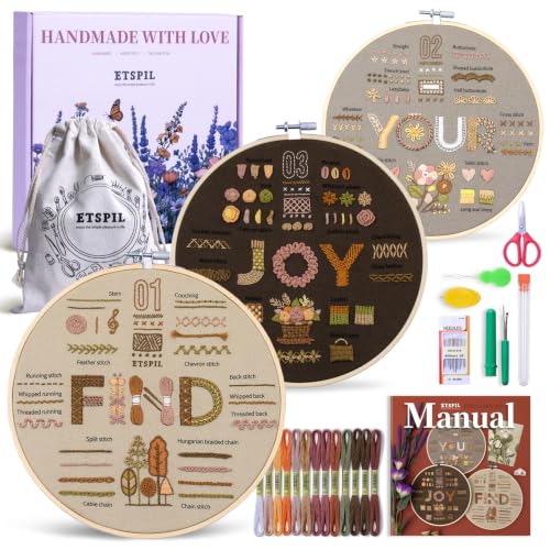 ETSPIL Embroidery Kit for Adults, 42 Stitches, 4K Video, Storage Bag - color: letter E