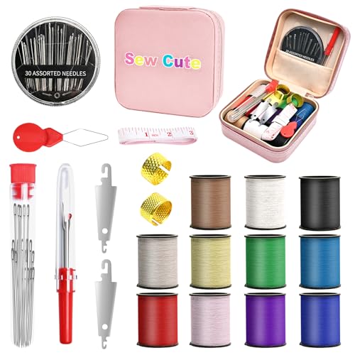 MASHDE 74 PCS Sewing Kit, Big Eye Steel Sewing Needles Kit with Storage Box - color: Pink