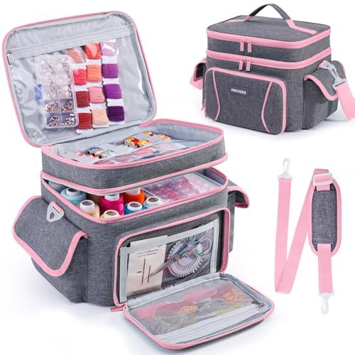 AMOIGEE Double-Layer Sewing Storage Bag – Sturdy Sewing Organizer Tote with Shoulder Strap, Elastic Loops & Adjustable Dividers for Sewing Supplies, Tools & Accessories – Versatile Sewing Box & Basket - color: Vintage, size: M-10"