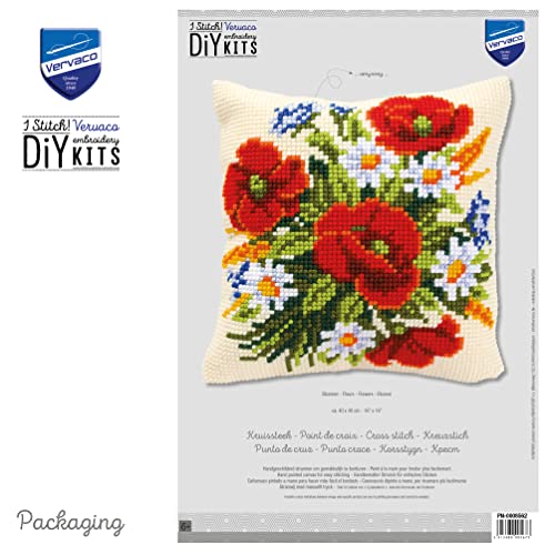 Vervaco Flowers Cross Stitch Cushion, Multi-Colour - size: 40 x 40 cm