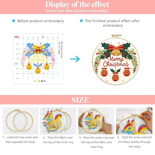 Zhenqing Christmas Bells Cross Stitch Kit with Hoop - 11CT Pre-Printed 24x24cm Fabric & Complete Tools for Beginners (68348) - style: Christmas Bells