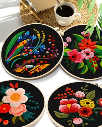 TINDTOP 4 Pack Embroidery Kit for Adult, Embroidery DIY Starter Kit, with Stamped Patterns, Hoop, Tools, Colorful Threads with Needles, Instructions - color: Flowers B