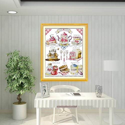 Rosyfoxes Cross Stitch Kits Stamped Full Range of Embroidery Starter Kits for Beginners DIY 11CT 3 Strands - Printed kit Tea Time (2)(Printed) 18.1x22 inches - color: Tea time (2)(printed)18.1x22inches