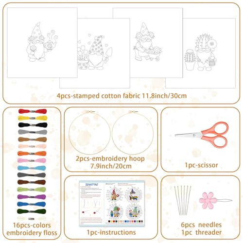 BEUNITONE 4 Set Gardener Gnome Embroidery Kit for Adult Beginners with Hoop - style: D-Dwarf