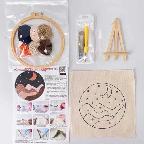CELCRAFTIQUE Punch Needle Kits for Adults Beginner, Tool with Punch Needle Fabric, Hoops, Yarns and Sewing Needles (Night Desert) - color: Night Desert