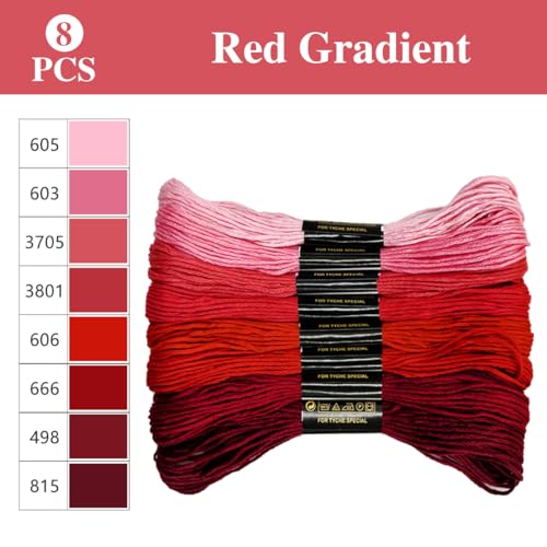 8 Shades Red Gradient Embroidery Thread Set - 8 Meters Each for Hand Embroidery Sewing Crafts (Pink to Burgundy Ombre)(67976) - color: Red Gradient 67976