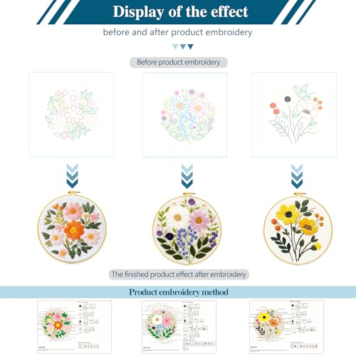 Zhenqing Floral Embroidery Kit for Beginners, 3 Patterns, 7.8in Hoop - color: Garden Bloom Trio Embroidery Kit