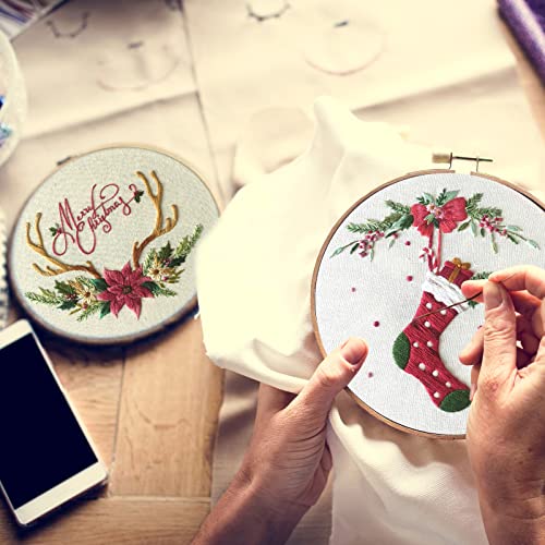 Canlierr 6 Sets Christmas Embroidery Kit with Pattern and Instructions Embroidery Starter Pattern Hoop Colored Threads Needlepoint Kit for Beginners Adults Supplies(Wreath Style)