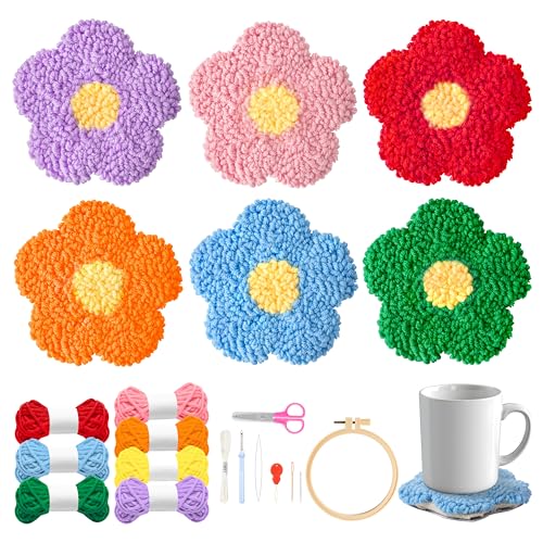 WATINC Punch Needle Coaster Kit - 6 Pattern DIY Craft for Beginners, Flower