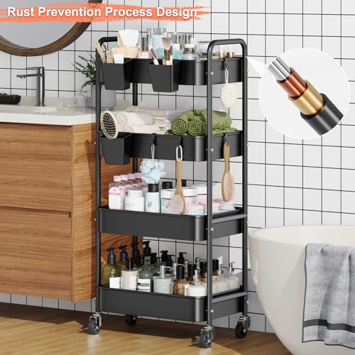 4 Tier Rolling Cart Metal with Wheels, Black Storage Carts,38in Tall - color: Matte Black, size: 4 Tier + Cups + Hooks