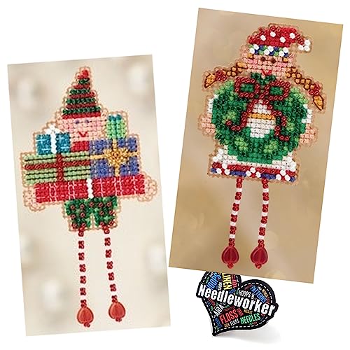 Oli Elf and Holli Elf Beaded Counted Cross Stitch Christmas Ornament Kits Mill Hill Winter Holiday Collection, Plus 'Needleworker' Sticker