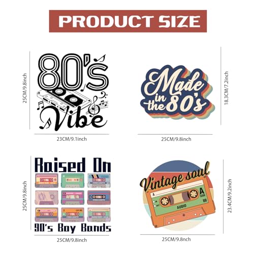 SUPERDANT 4PCS 80's Music Iron on Transfer Paper Vintage Vibe Radio DIY Colorful Heat Transfer Sticker Washable Iron-on Decals for T Shirts DTF Transfers Ready to Press for Clothing Hoodie Bag Jackets - style: 80s