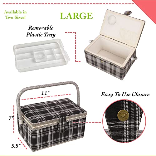 Sewing Basket with Floral Print Design - Sewing Kit Storage Box with Removable Tray, Built-in Pin Cushion and Interior Pocket - by Adolfo Design (Medium - 11" x 7" x 5.5", Black Plaid) - color: Black Plaid, size: Medium - 11" x 7" x 5.5"