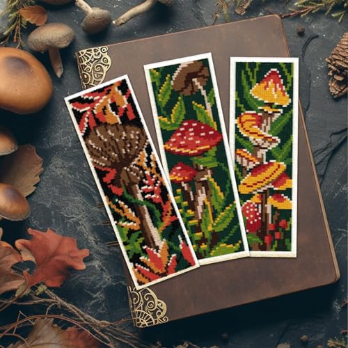 ORIGACH 6 Set Mushroom Plants Cross Stitch Bookmark Kit for Beginner - style: Mushroom