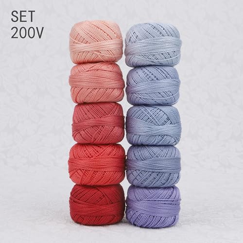 Size 8 Double Mercerized Egyptian Long Staple Cotton Pearl Thread Ball 5 Grams Rainbow Color Embroidery Thread 10 Colors per Box for Crochet Hardanger Cross Stitch Hand Embroidery (Set V) - color: Set V