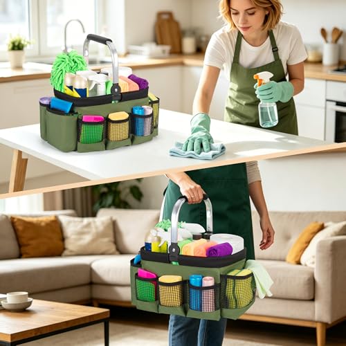 PGmoon Foldable Cleaning Caddy with Rotate Handle and Multi-Pockets