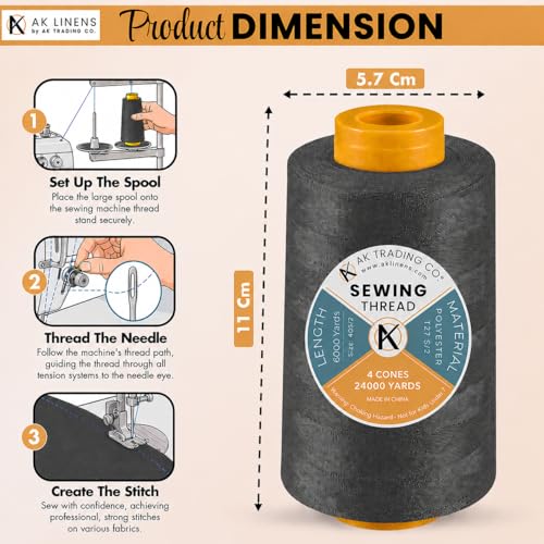 AK TRADING CO. 4-Pack Dark Gray All Purpose Sewing Thread Cones (6000 Yards Each) of High Tensile Polyester Thread Spools for Sewing, Quilting, Serger Machines, Overlock, Merrow & Hand Embroidery - color: DARK GRAY