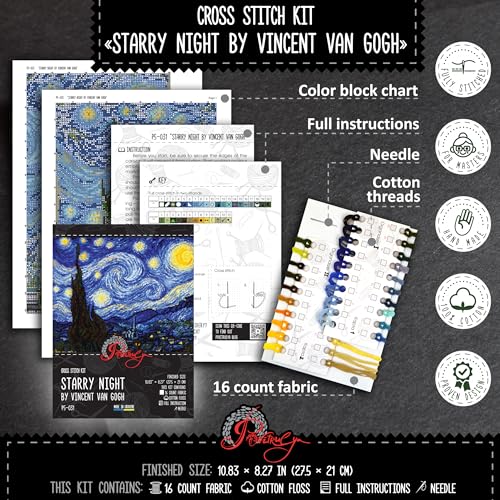 Povitrulya Counted Cross Stitch Kit for Adults 'Starry Night' by Vincent Van Gogh - Impressionist Art - Embroidery Set with Pattern, Famous Painting Design
