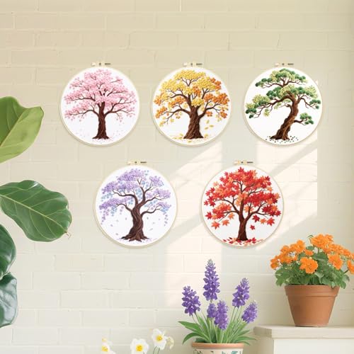 ORIGACH 5 Pcs Seasonal Tree Embroidery Kit for Beginners - style: Seasonal Tree