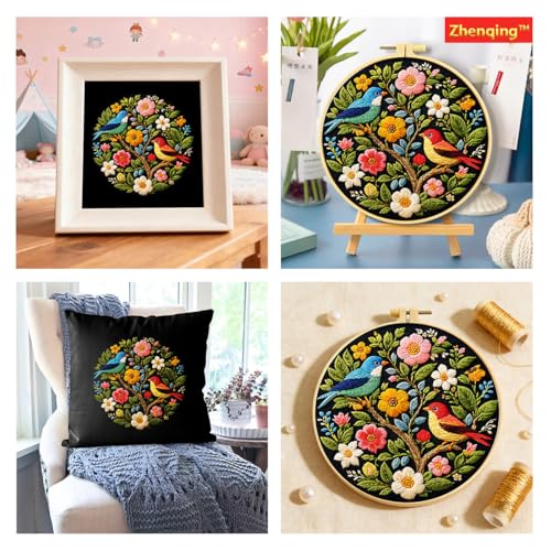 Zhenqing Floral Tree with Birds Embroidery Kit for Beginners, Pre-Printed 29x29cm Cotton Fabric with 20cm Hoop, Colorful Spring Garden Design (C0239)