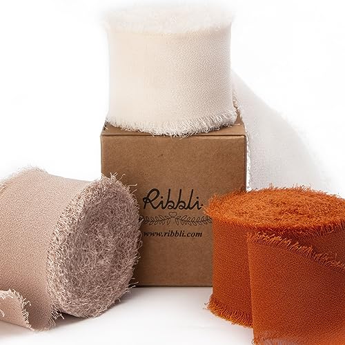 Ribbli Fall Chiffon Ribbon 1.5 inch x 30 Yard Handmade Silk, Cream/Beige/Terracotta Fringe Chiffon Ribbon for Wedding Invitations, Bridal Bouquets Wrapping, Flower Arrangement Decoration - color: Cream/Beige/Terracotta