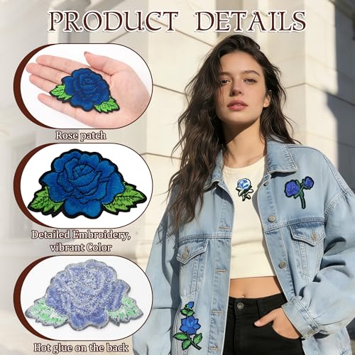 25PCS Blue Rose Iron on Patches, Embroidered Floral Applique Patches for Jackets, Jeans, Hats, Backpacks and Tote Bags - color: blue