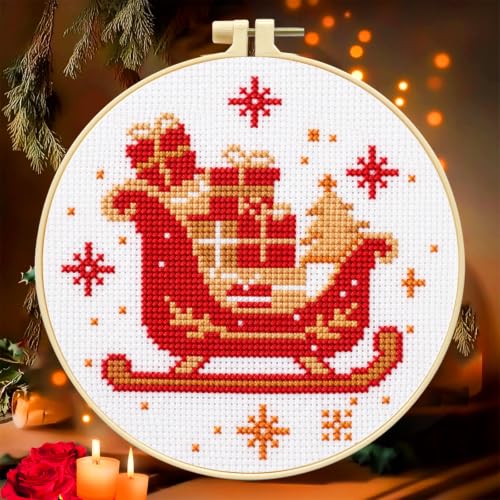 Zhenqing Christmas Sleigh Gift Cross Stitch Kit with Hoop - 11CT Pre-Printed 24x24cm Fabric & Complete Tools for Beginners (68341) - style: Christmas Sleigh Gift