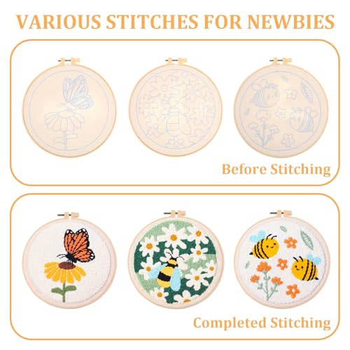 3 Pcs Punch Needle Kits, 7.87 Inch Cute Floral, Bees and Butterfly Punch Needle Kit for Adults Beginner Children Needles Punching kit with Embroidery Hoop, Instruction, Fabric, Sewing Needles, Yarns - size: Style A