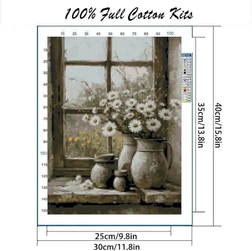 MYBISYMQQ Windowsill Daisies Cross Stitch Kits for Adults Beginners - 11CT Stamped Vintage Floral Vase Embroidery Kit, DIY Pre-Printed Needlepoint Patterns for Home Wall Art Decor, 15.7x11.8 Inches - color: T029