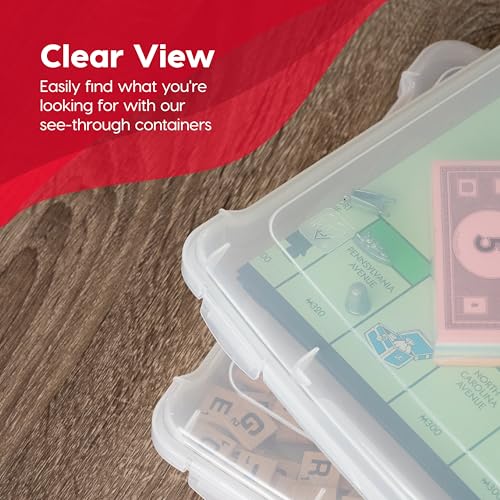 IRIS USA Board Game Storage Craft Organizer Box with Snap-Tight Latch Lid, 8-Pack Portable Plastic Case Bin for Puzzles, Magazines, Hobbies, Art Supplies, Fits 8.5" x 11" & A4 Papers, Slim, Clear - size: 8 Pack