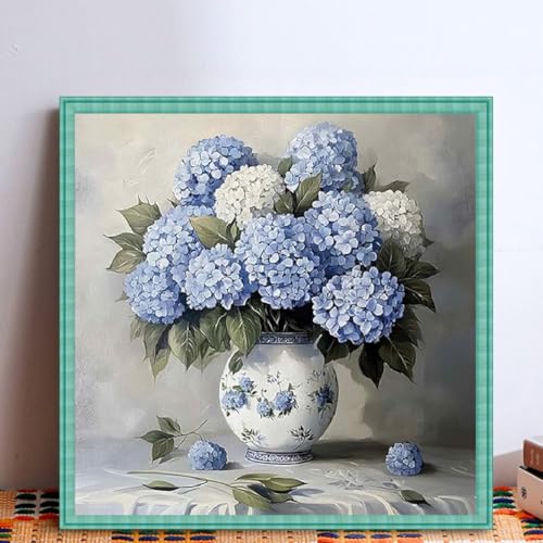 KYOQFVN Flowers Stamped Cross Stitch Kits - Hydrangea Counted Cross Stitch Kits for Beginners, Needlepoint Cross-Stitch Patterns Embroidery Kits for Home Decor 14x14 Inch - color: SZXXQH-US