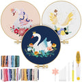 TINDTOP 3 Pack Embroidery Kit for Adult Beginners, Embroidery DIY Starter Kit, with Swan Stamped Patterns, Hoop, Tools, Colorful Threads with Needles, Instructions - color: Swan
