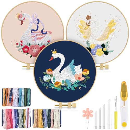 TINDTOP 3 Pack Embroidery Kit for Adult Beginners, Embroidery DIY Starter Kit, with Swan Stamped Patterns, Hoop, Tools, Colorful Threads with Needles, Instructions - color: Swan
