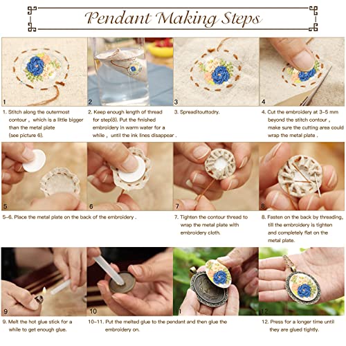 ZOCONE 3 Packs Embroidery Necklace Kit, Embroidery Pendant Kits Mini Cross Stitch Kit with Hoop, Necklace, Pendant, Beads, Stamped Pattern Cloth, Instructions, etc., Embroidery Kits for Adults - color: Gold Beads-G