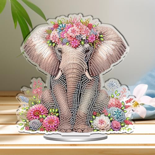POETRYDRAW DIY Diamond Art Ornament Desktop Kit Elephant, Stand Up Acrylic Diamonds Painting Ornament for Adults, 5D Special Diamond Gem Craft Tabletop Placement Board Kit - color: Elephant Flower