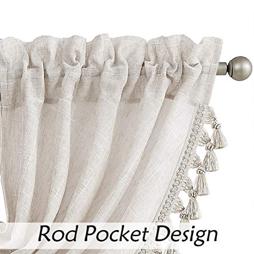 Central Park Linen Waterfall Valance Window Curtain Linen Texture White GEO Embroidery Rod Pocket for Living and Bedroom Semi Sheer Kitchen Curtain, 56"x38", 1 Piece (Pack of 2) - color: Linen (Embroidered), size: 56"W x 38"L (Pack of 2)