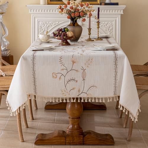 Joyfol Day Rustic Fall Rectangle Table Cloth, Heavy Duty Linen Florals Embroidery Tablecloths, Farmhouse Waterproof Tablecloth, Wrinkle Free Table Cover with Tassels, Coffee Berry, 55''x 86'' - color: Coffee Berry, size: 86" x 55" (Rectangular)