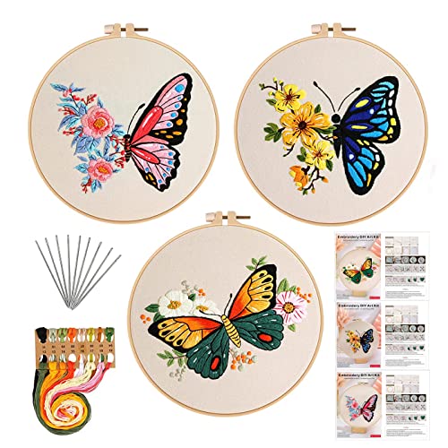 GLTAYLMY 3 Pack Embroidery Kits with Butterfly Pattern for Beginner Adults,Cross Stitch Kits with 1 Plastic Embroidery Hoops,Needles and Color Threads,Needlepoint Kit for Adults - color: Butterfly