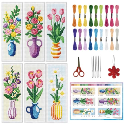 INFUNLY 6PCS Cross Stitch Bookmark Kit for Adults Flower Vase Stamped Embroidery Bookmark Kit with Backing Felt Floss Instruction for Book Lovers Readers - style: Vases