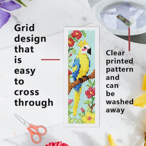 INFUNLY 6PCS Parrot Cross Stitch Bookmark Kits 3×8.5inch Bookmark Making Kit for Beginners Birds DIY Stamped Embroidery Bookmarks with Instruction for Book Lovers Reader Writers - style: Parrot