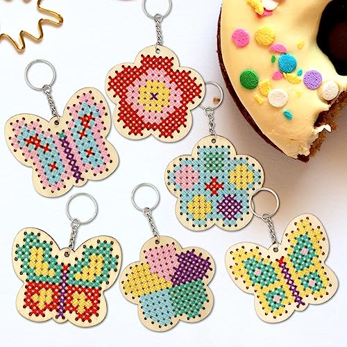 VKPI Wooden Cross Stitch Kits for Kids, Make Your Own 6 Cross Stitching Keyrings, Wood Sewing Kit, Arts & Crafts Butterfly, Flower Ornaments, Embroidery Kit for Beginners, Girls, 6-13 - color: Butterfly & Flower