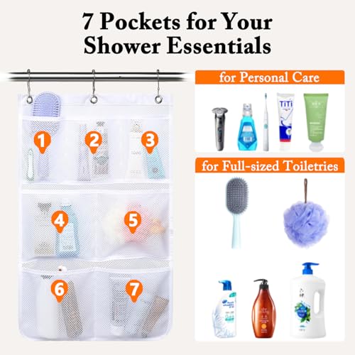 Fammart Mesh Shower Caddy Hanging, Quick-Drying Shower Organizer with 7 Pockets, Portable Bathroom Organizers and Storage for Shampoo, Soap, Loofah, Travel, and Cruise Essentials - color: Hanging Type, 2 Pack - White