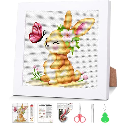 VIGEGU Rabbit Stamped Cross Stitch Kits for Adult Beginner with Frame - color: Rabbit