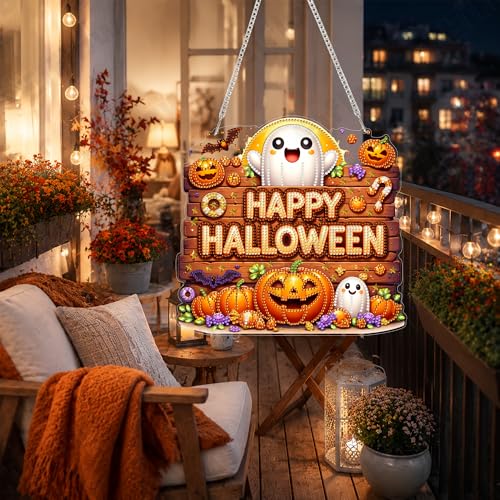 Eiflow Acrylic Diamond Art Hanging Kit for Adults, DIY Diamonds Painting Door Hanger Board Kit, Special Crystal Diamond Art Painting Pendant Ornament (Halloween Sign) - color: Halloween Sign
