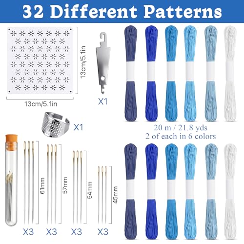 58 Pcs Sashiko Thread Kit with Plastic Sashiko Stencil, Thimble and Needles, Geometric Embroidery Pattern, Sashiko Template for Hand Quilting and Embroidery Projects Jeans Repair DIY Gift
