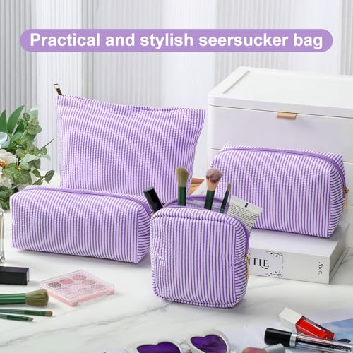 Sanwuta 4 Pcs Seersucker Pouch Striped Makeup Bag Set, Purple - color: Purple
