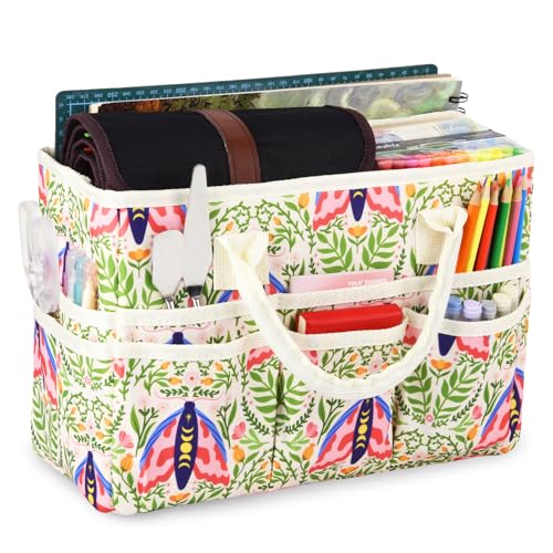 Craft Organizer Tote Bag with Multiple Pockets,Scrapbooking Art Storage - color: green moth
