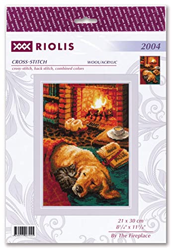 RIOLIS - By The Fireplace 2004, Dogs Cross Stitch Kits 8¼"x11¾, Counted Cross Stitch Kits, Counted Cross Stitch Kits for Beginners & Advanced, Cross Stitching Kits for Adults, Dog Embroidery Kit